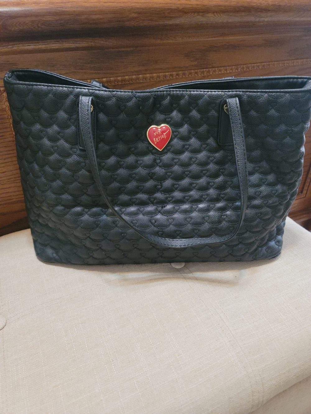 Betsey Johnson Black Quilted Tote with Red Heart Emblem